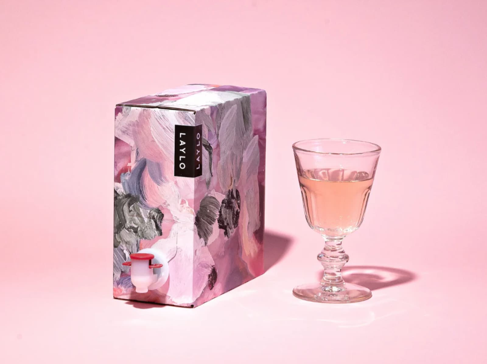 Luberon Rosé 2025, the box shown alongside a glass, showing the paint-palette-inspired design