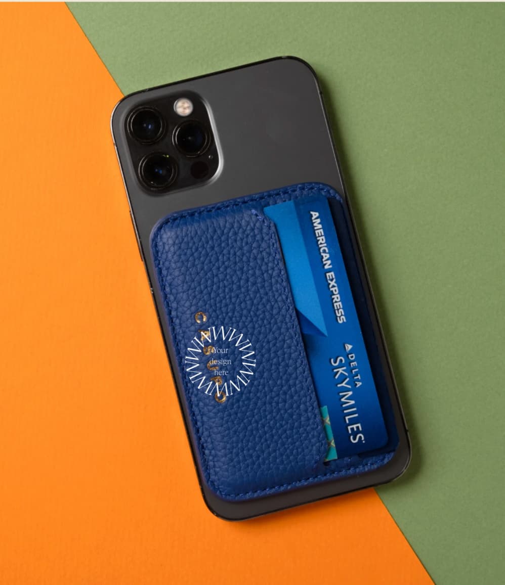 MagSafe Leather Cardholder in blue, showing logo placement