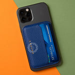 MagSafe leather cardholder in blue with RFID protection, personalised corporate gift for brand activation and clients.