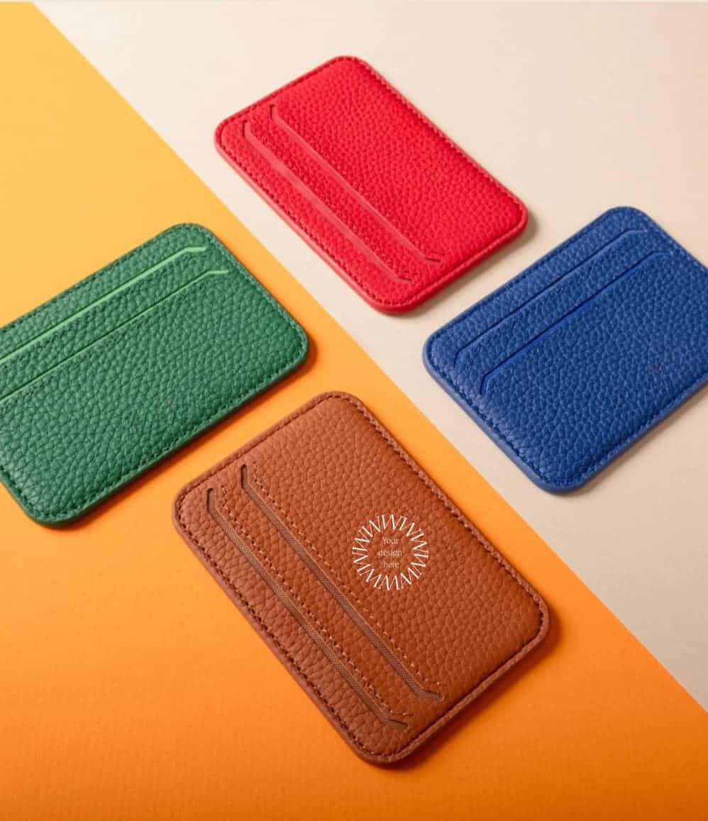 MagSafe Leather Cardholder in red, green and blue, showing logo placement