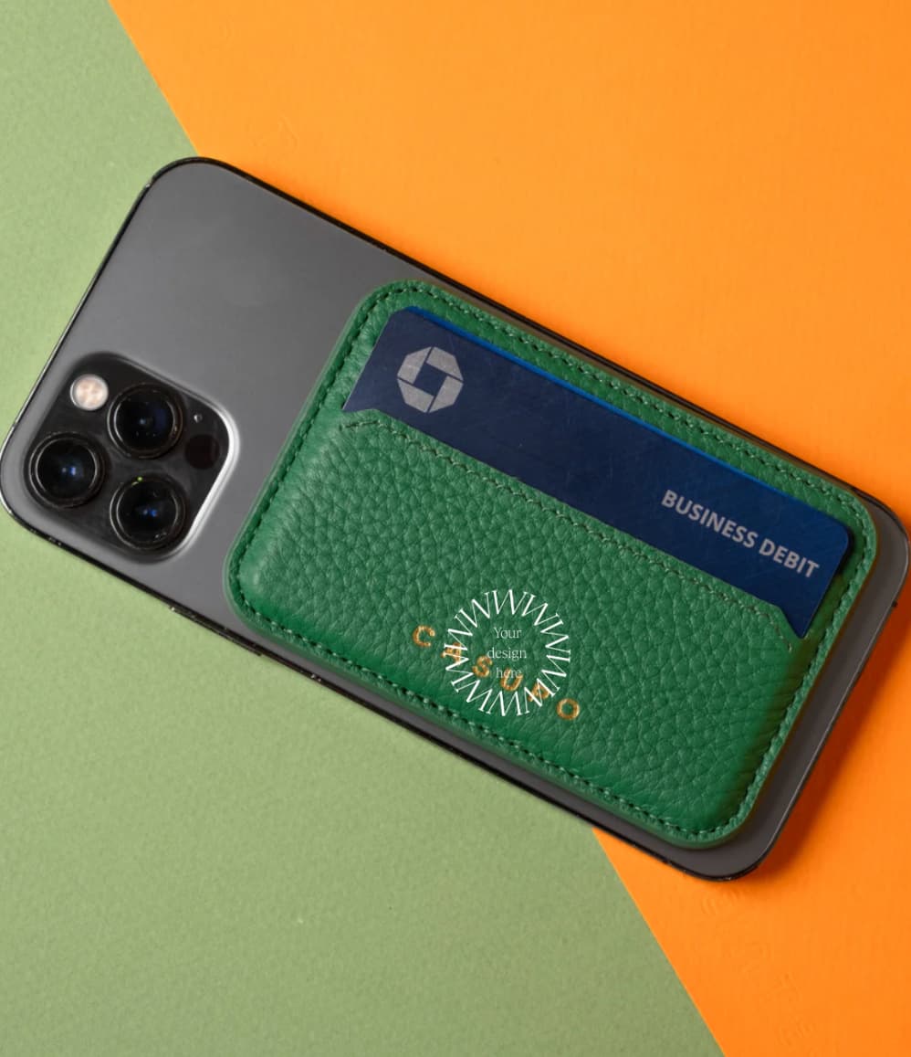 MagSafe Leather Cardholder in green, showing logo placement