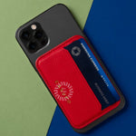 MagSafe leather cardholder in red with RFID protection, handcrafted corporate gift for client gifting and conferences.