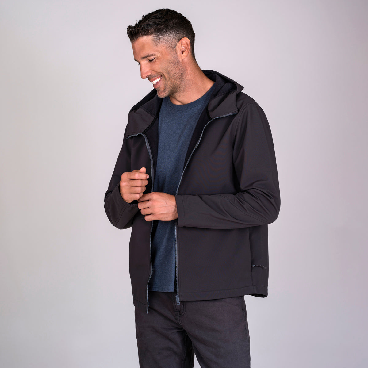Front view of men's soft shell hoodie. Corporate gift and eco swag option for employees and clients.
