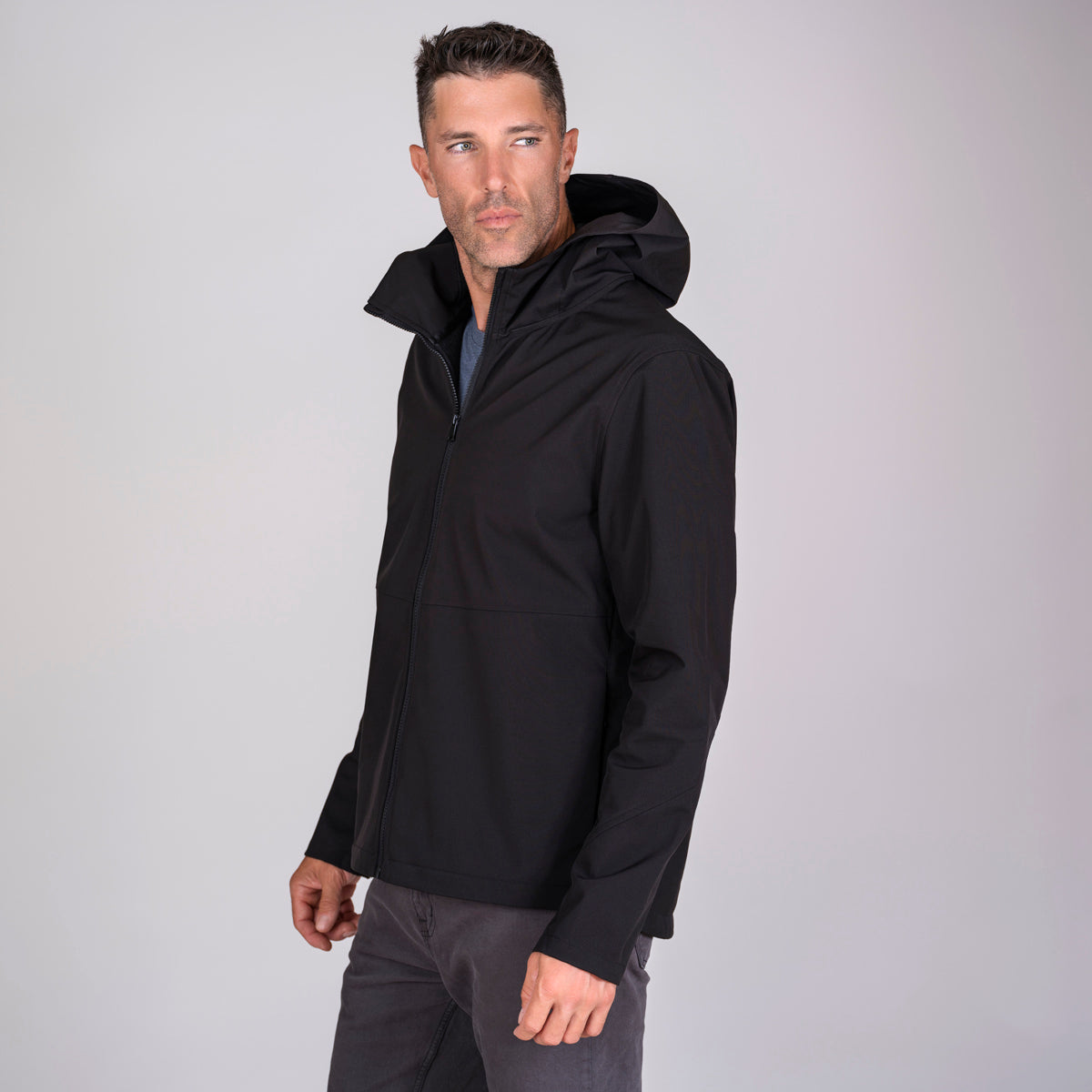 Men's soft shell hoodie side view. Eco branded company swag for events and employee gifts.