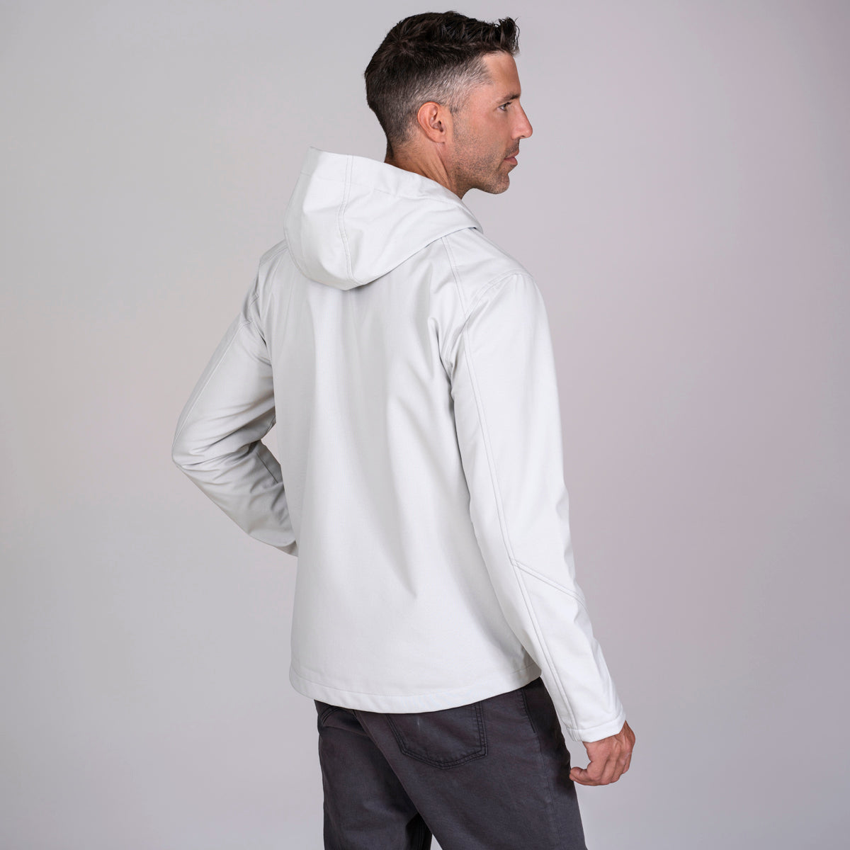 Men's soft shell hoodie side view in white. Eco branded company swag for employee gifts and corporate events.