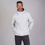 Men's soft shell hoodie front view in white. Eco branded company swag for giveaways and corporate gifting.