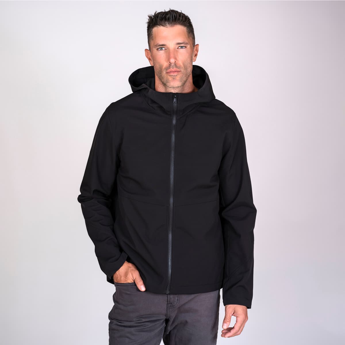 Men's black soft shell hoodie made from recycled materials