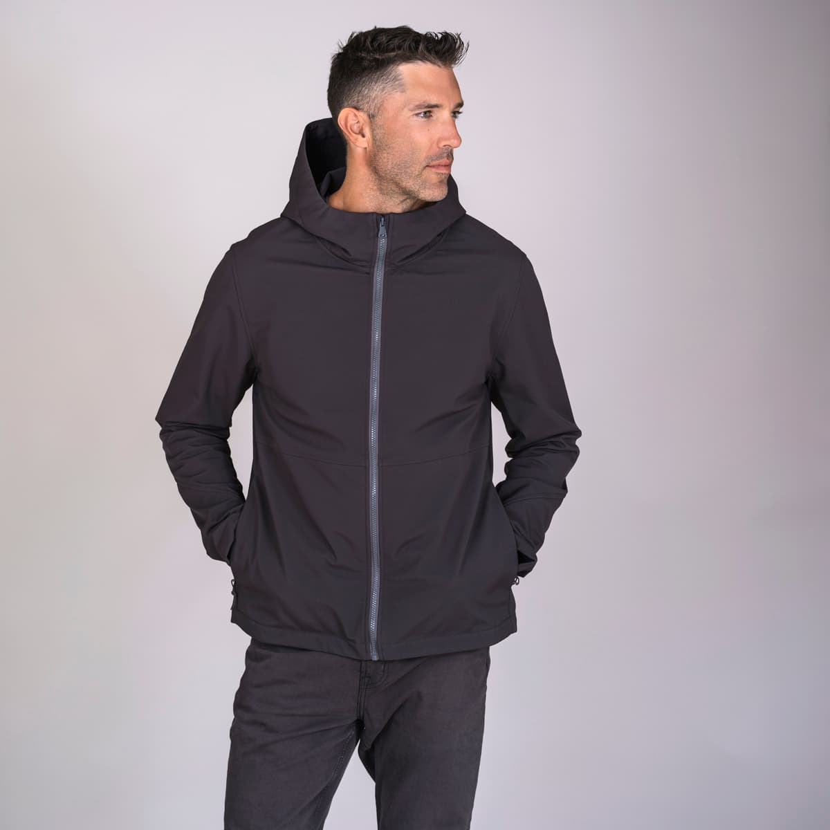 Men's charcoal soft shell hoodie made from recycled materials