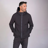Men's charcoal soft shell hoodie made from recycled materials