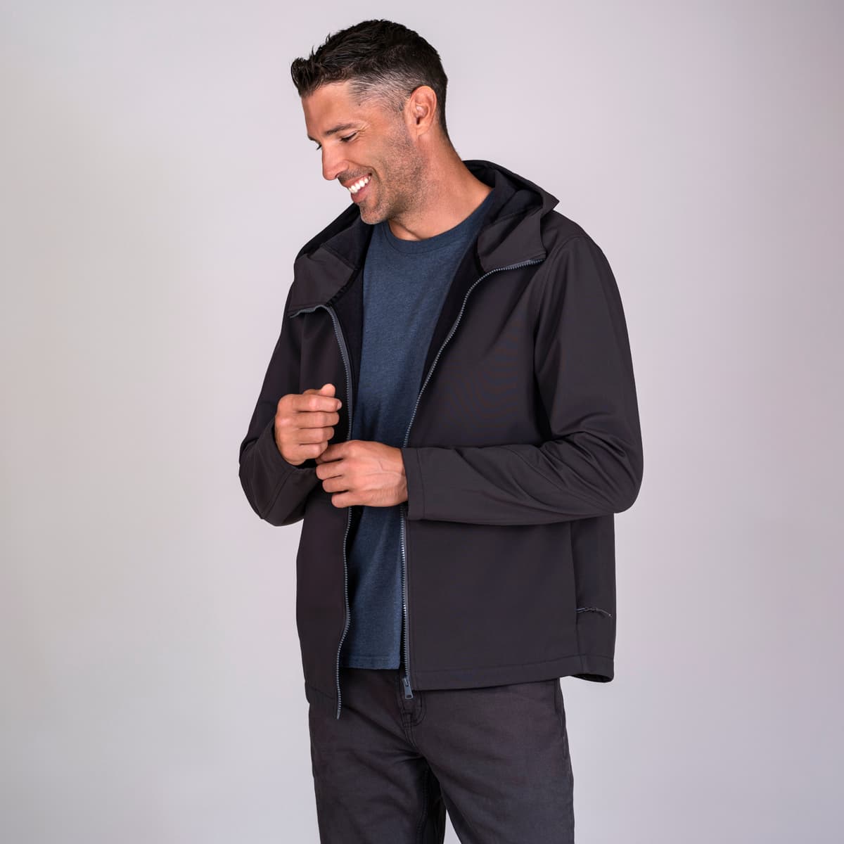 Men's charcoal soft shell hoodie side view