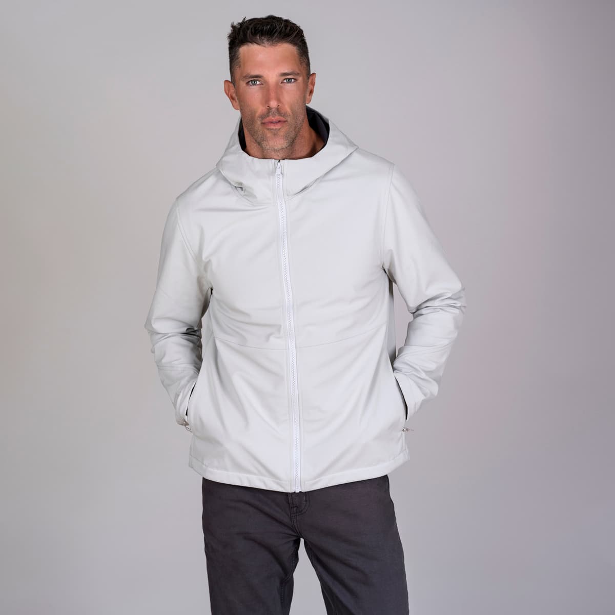 Men's white soft shell hoodie made from recycled materials