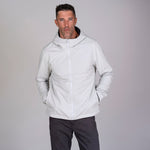 Men's white soft shell hoodie made from recycled materials