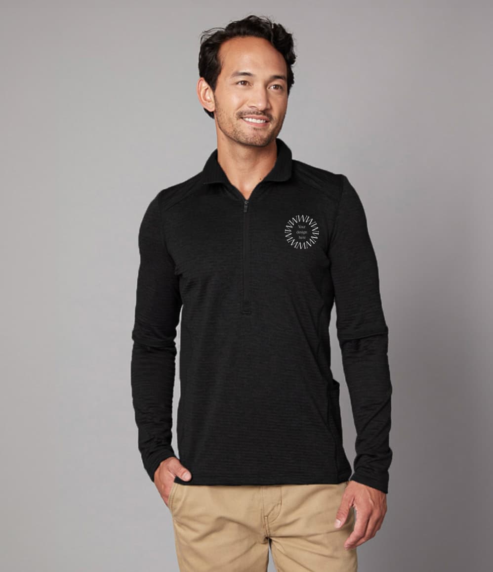 Men's Zip Neck Jumper in black, worn showing logo placement. 