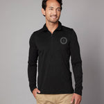 Men's Zip Neck Jumper in black, worn showing logo placement. 