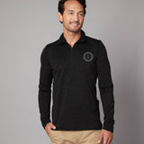 Men's Zip Neck Jumper in black, worn showing logo placement. 