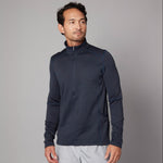 Men's Zip Neck Jumper in blue, worn, alternate angle