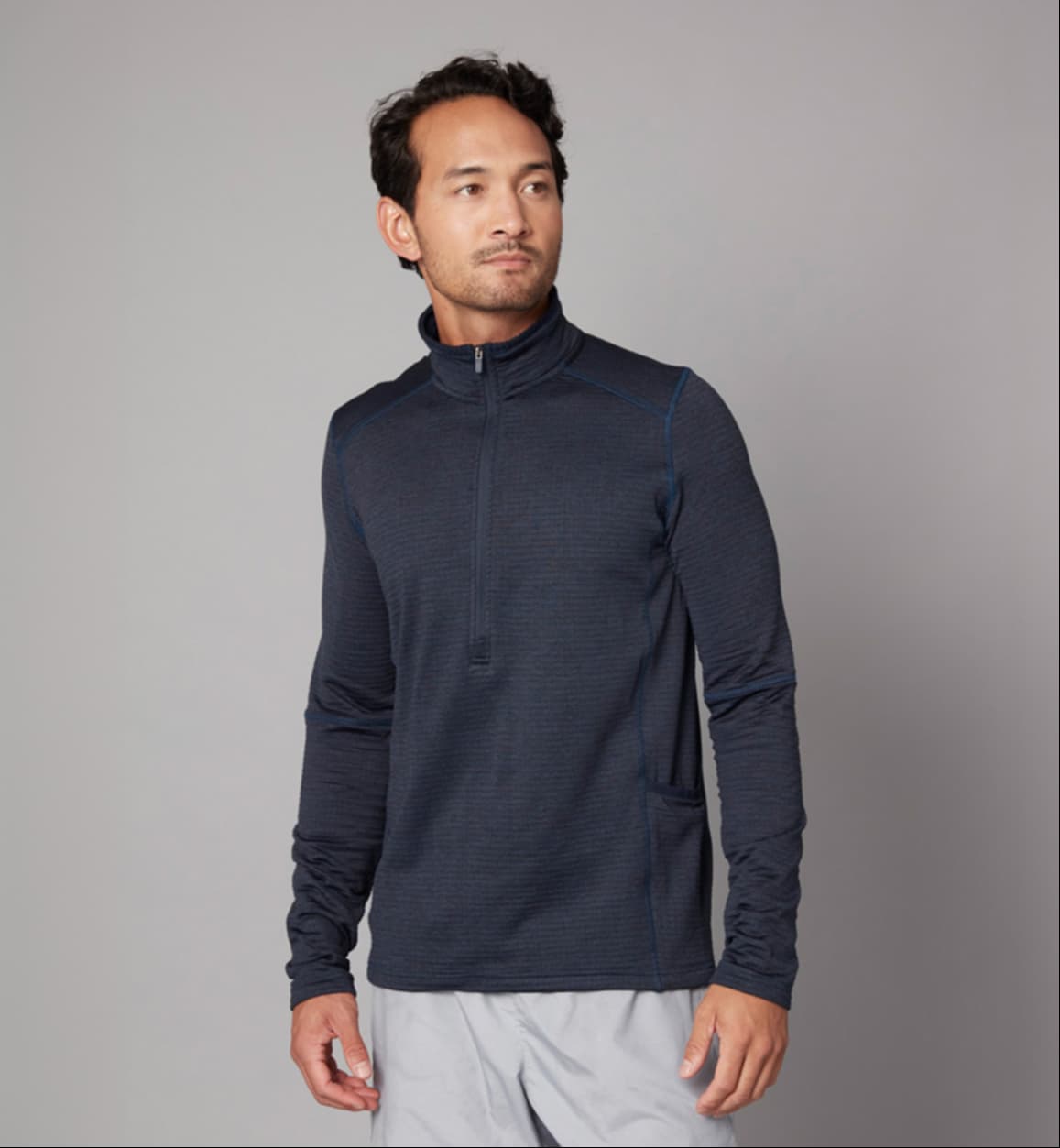 Men's Zip Neck Jumper in blue, worn, alternate angle