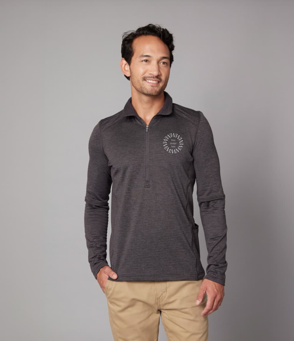 Men's Zip Neck Jumper in charcoal taupe, worn showing logo placement.