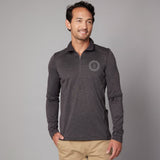Men's Zip Neck Jumper in charcoal taupe, worn showing logo placement.