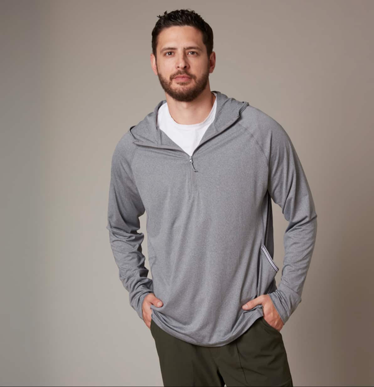 Men's Zip Neck Sun Hoodie in cool grey, front, hood off