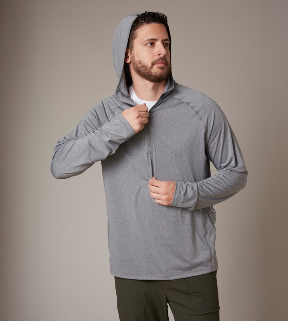 Men's Zip Neck Sun Hoodie in cool grey, front, hood on