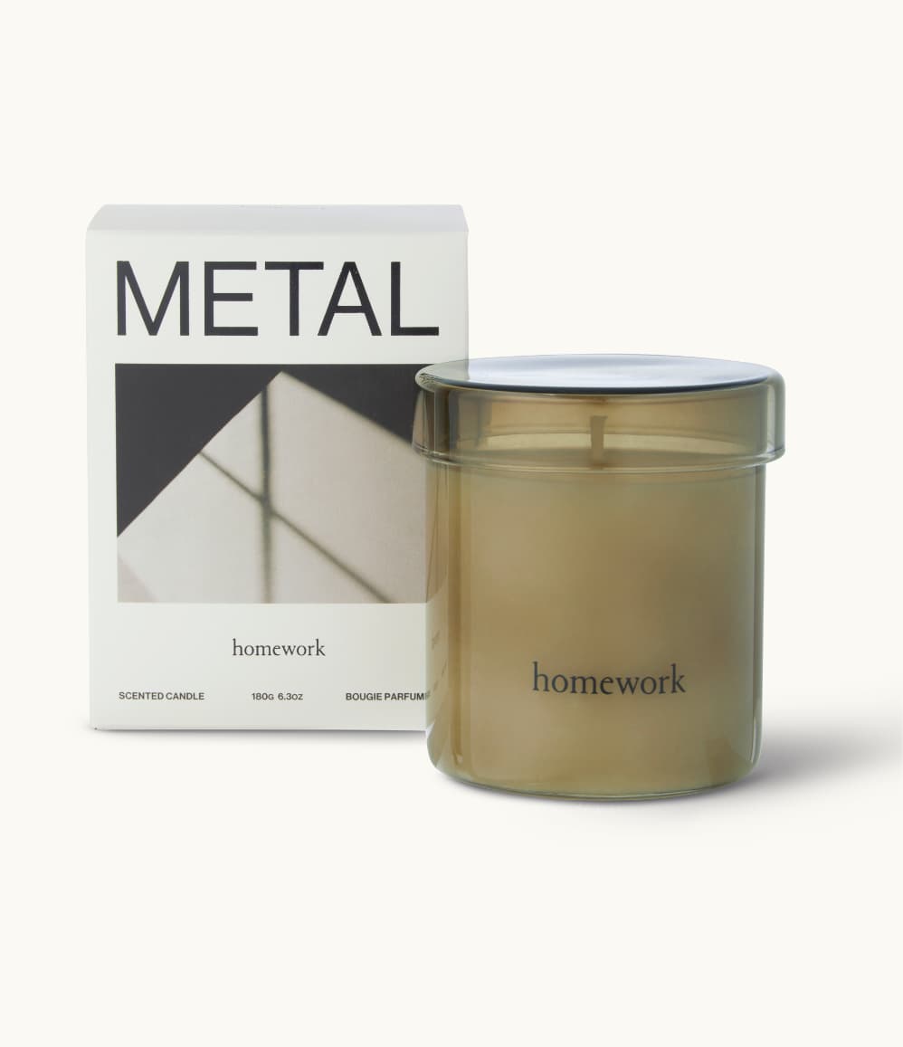 Homework metal scented candle, sustainable corporate gifts for executive women.