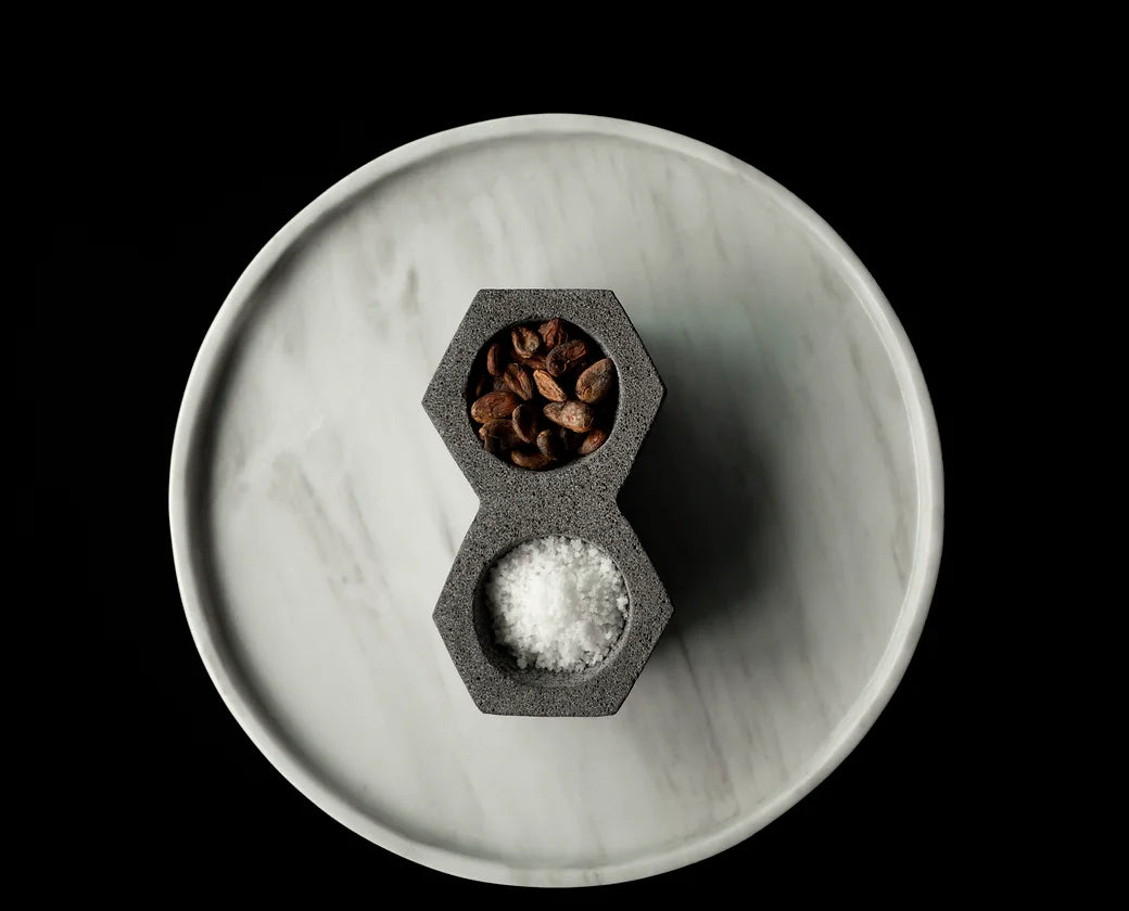 Mexican lava rock salt and pepper bowl with two sections, premium corporate gift for client gifting