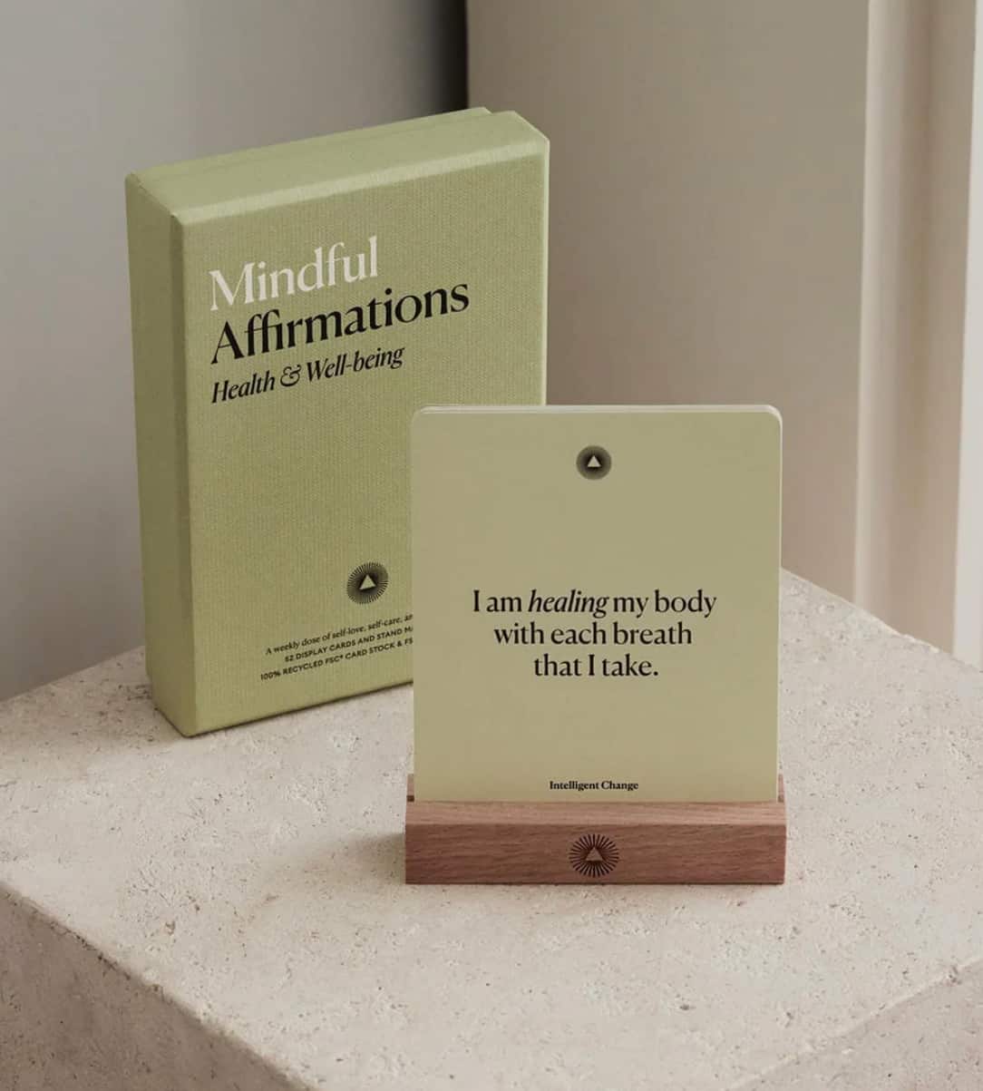 Mindful Affirmations box and affirmation card on a beechwood stand