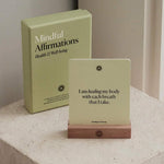 Mindful Affirmations box and affirmation card on a beechwood stand