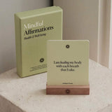 Mindful Affirmations box and affirmation card on a beechwood stand