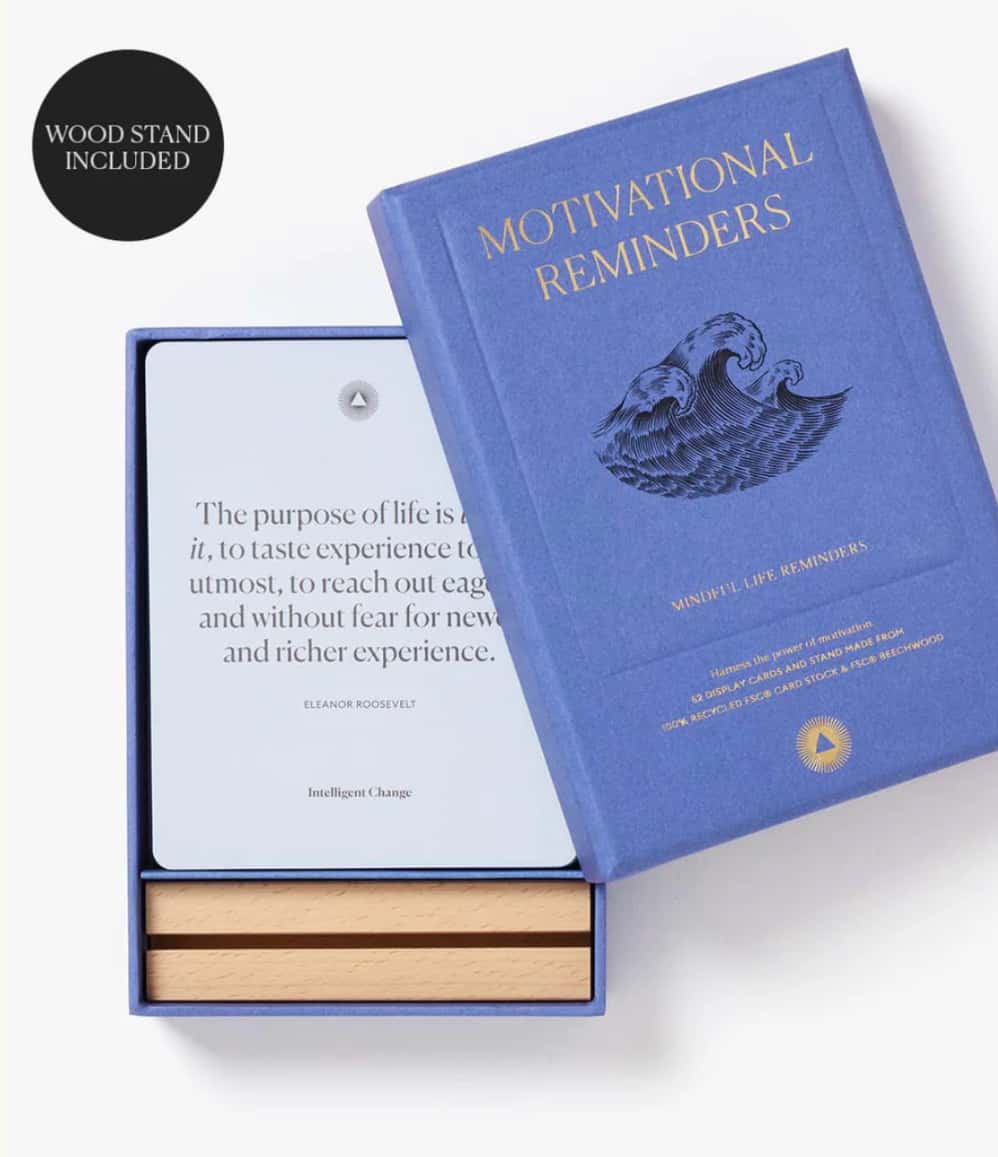 Motivational Reminders box, open, showing card and wood stand