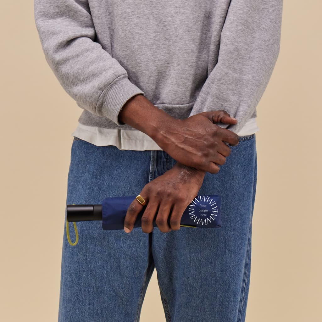 Navy eco friendly travel umbrella rPET canopy sustainable corporate gift UK