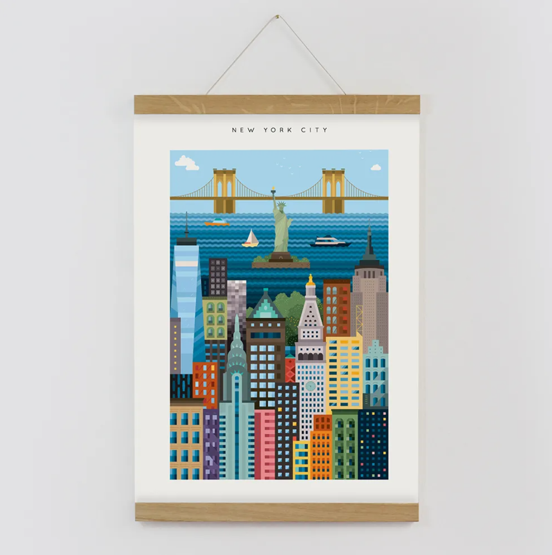 New York City blockprint featuring Statue of Liberty, Chrysler Building, Empire State Building and Brooklyn Bridge. Sustainable corporate gift print