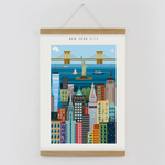 New York City blockprint featuring Statue of Liberty, Chrysler Building, Empire State Building and Brooklyn Bridge. Sustainable corporate gift print
