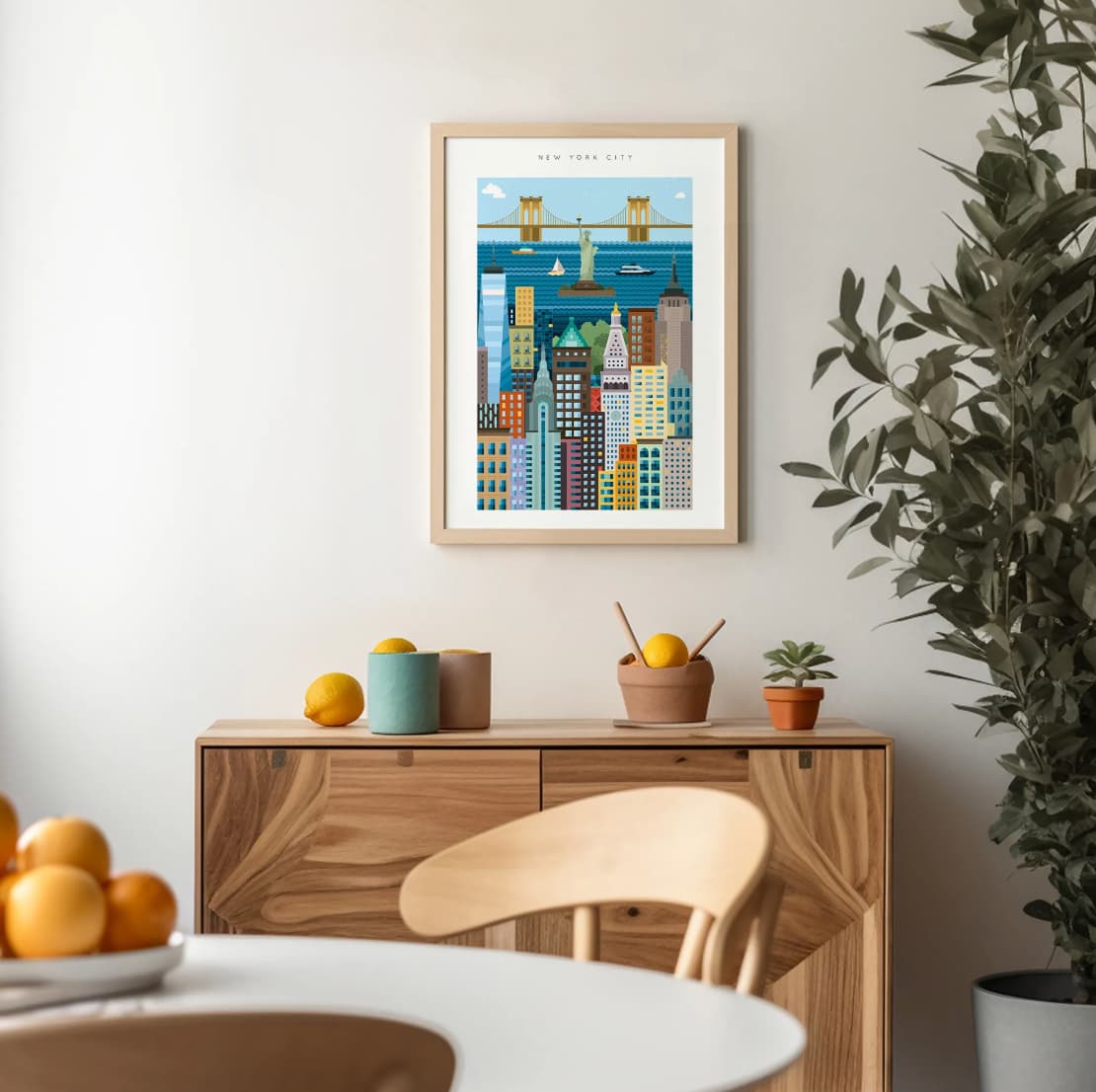 New York City blockprint featuring Statue of Liberty, Chrysler Building, Empire State Building and Brooklyn Bridge. Sustainable corporate gift print