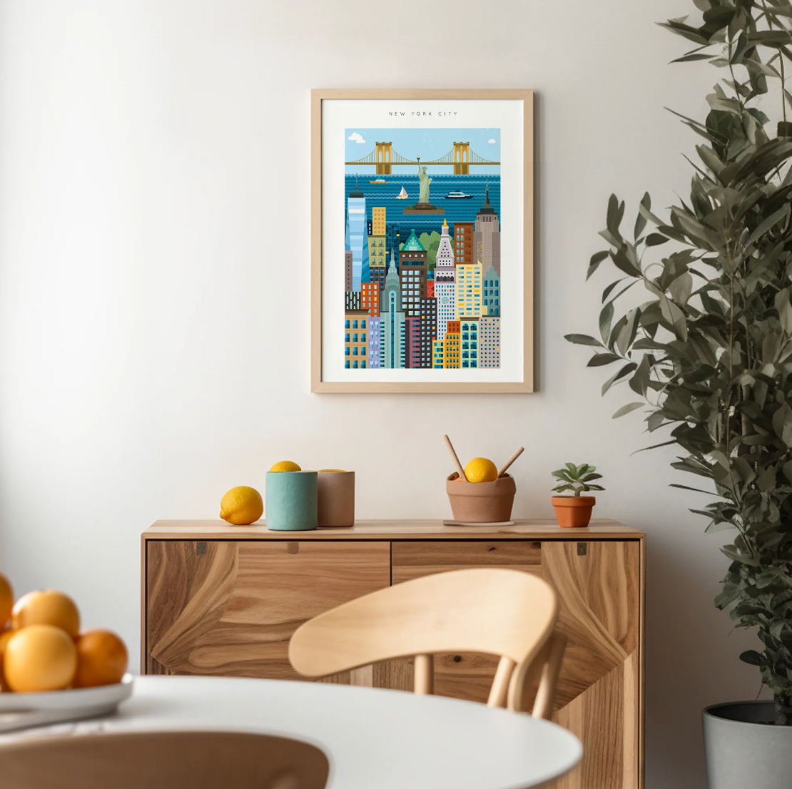 Framed New York City blockprint wall art featuring the Brooklyn Bridge and skyline, a sustainable corporate gift idea for home office decor that can be personalised with logo.