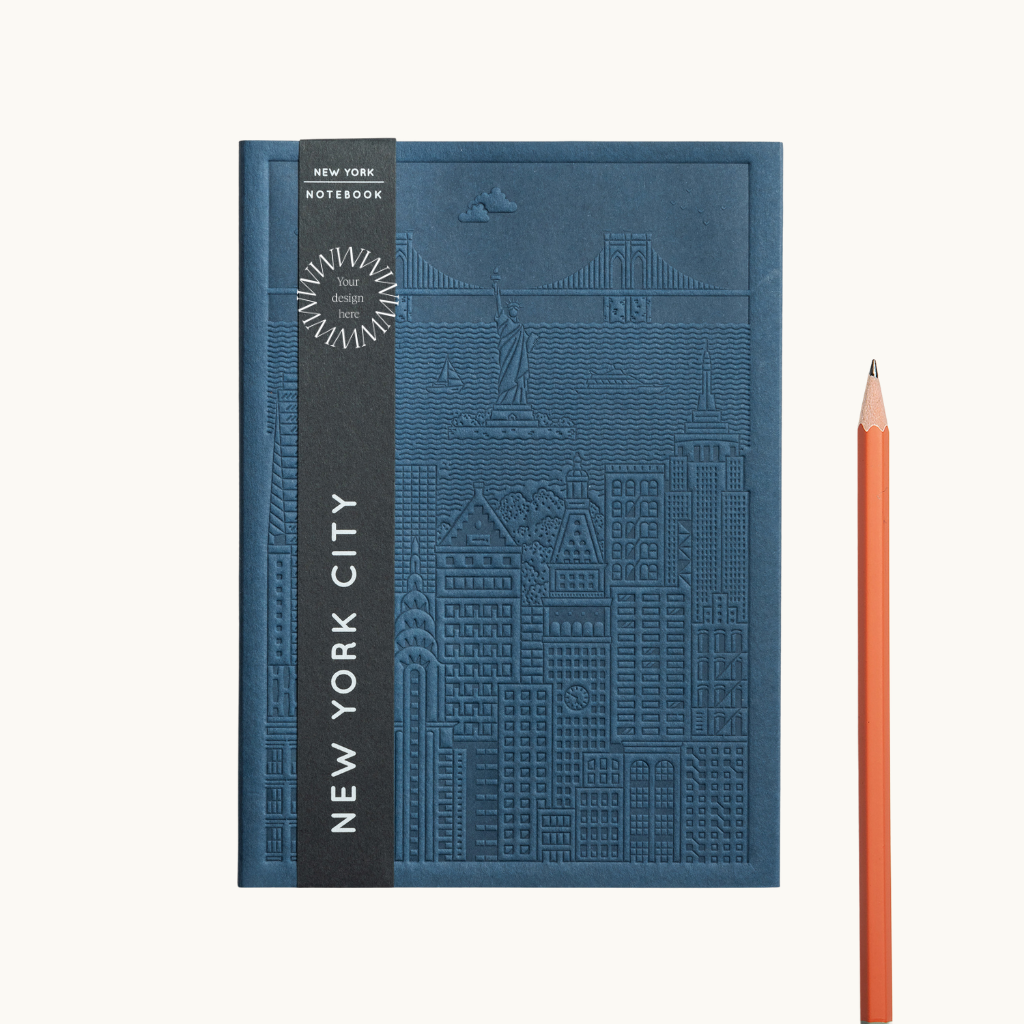 Debossed New York notebook in blue, eco-friendly branded merchandise