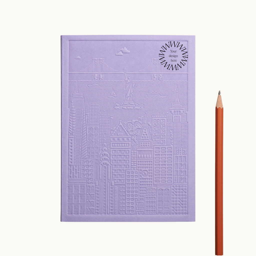 Debossed New York notebook in lavender, corporate branded notebook