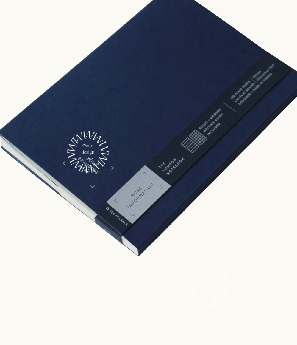 Back of blue notebook showing logo placement.