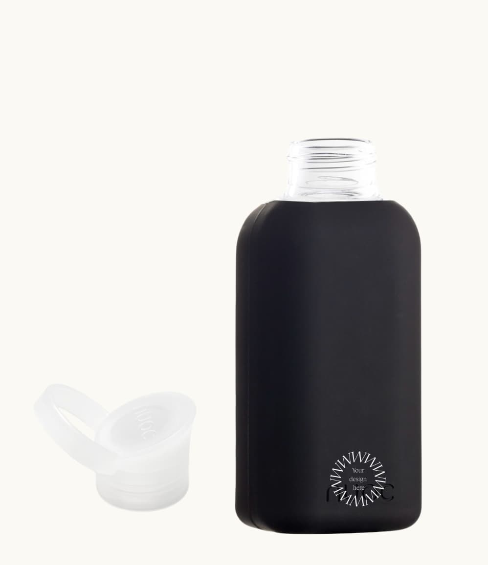 Reusable Glass Bottle 500ml in black, showing logo placement