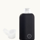 Reusable Glass Bottle 500ml in black, showing logo placement