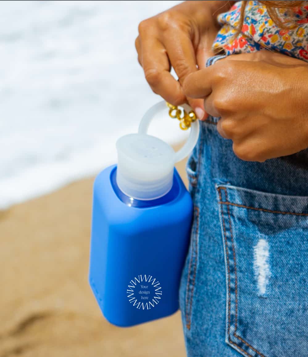 Reusable Glass Bottle 500ml in blue, showing logo placement