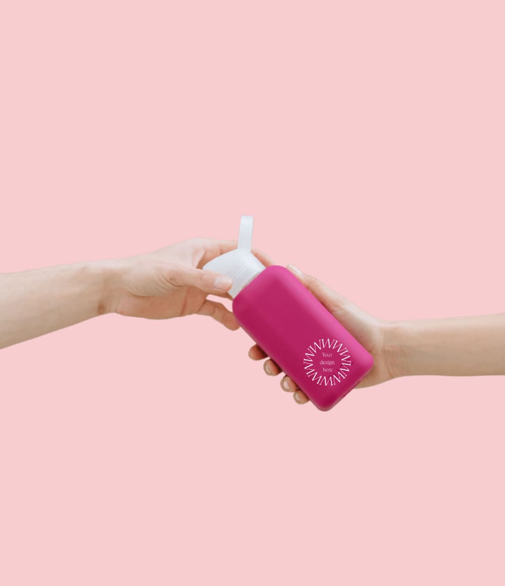 Reusable Glass Bottle 500ml in raspberry, showing logo placement