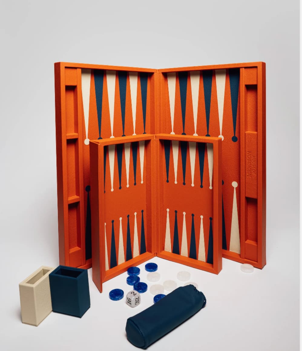 Orange Leather Backgammon Set with resin playing stones, luxury gift from a women-owned business
