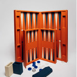 Orange Leather Backgammon Set with resin playing stones, luxury gift from a women-owned business