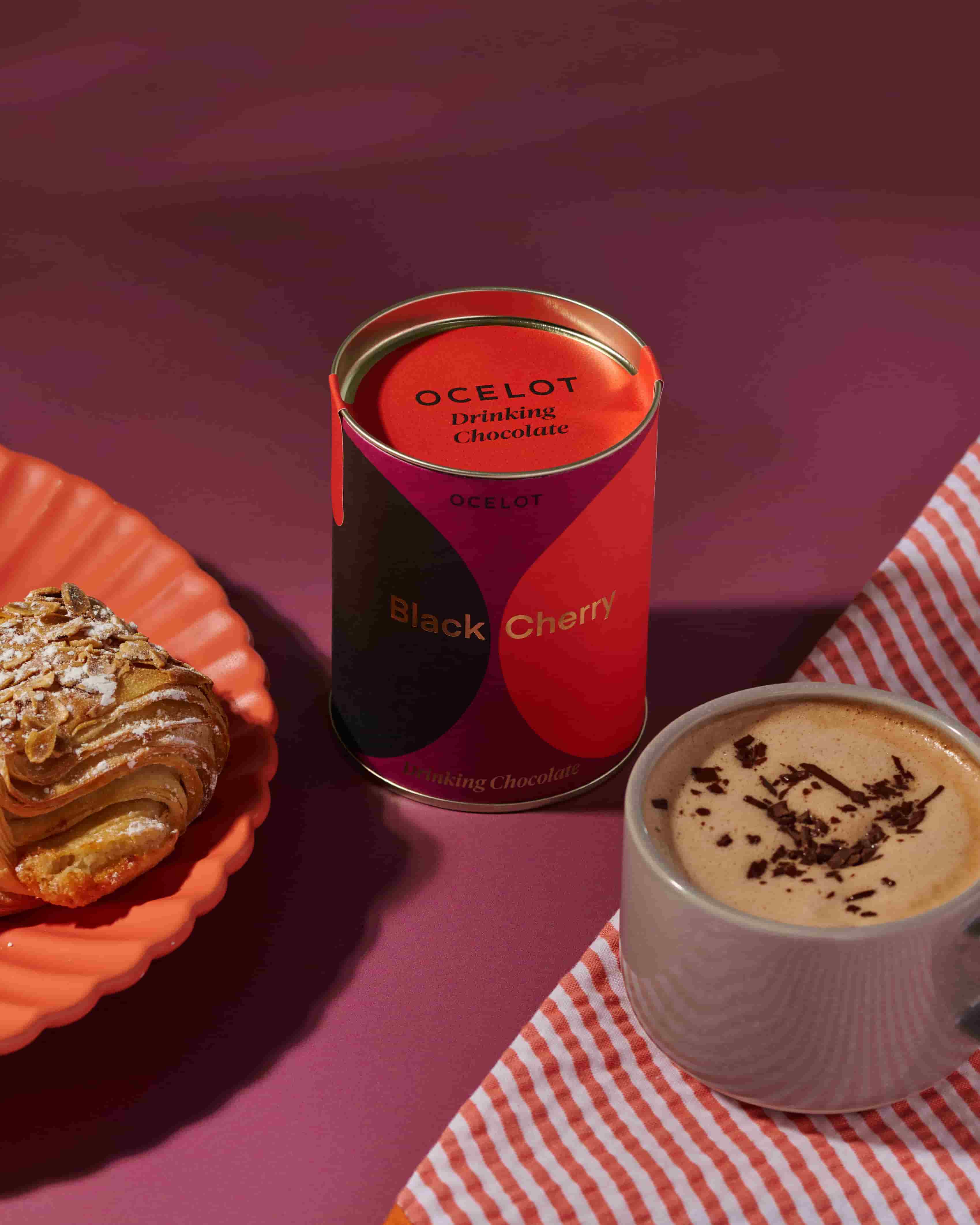 Organic Black Cherry Drinking Chocolate, 200g tin, desk gift from a women-owned chocolate maker in Scotland