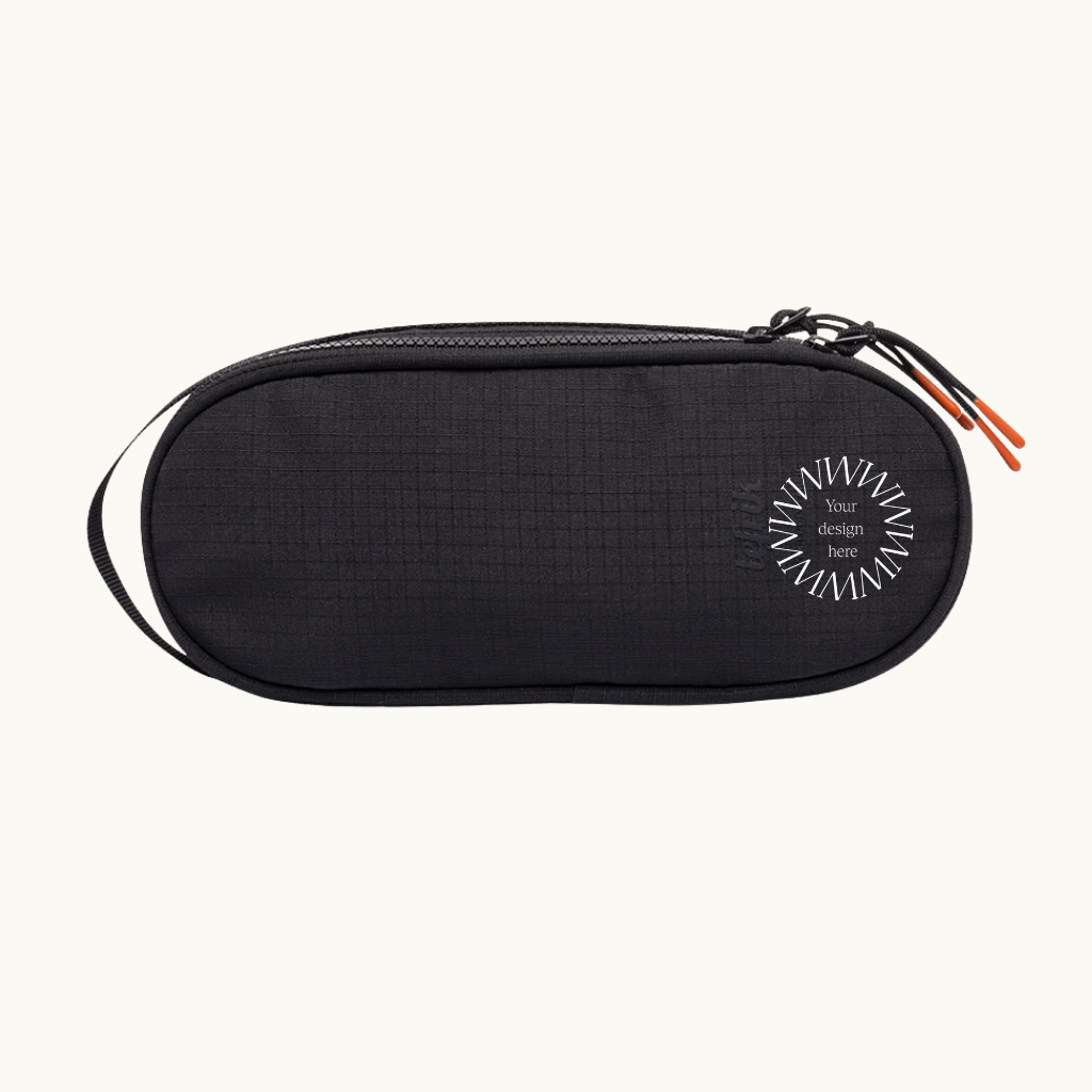 Sustainable black oval pencil case made from recycled PET bottles for eco swag