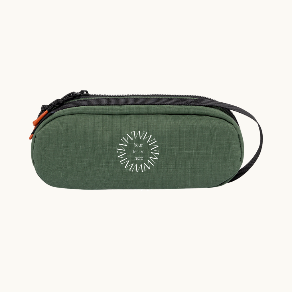 Sustainable green oval pencil case made from recycled PET bottles for eco swag