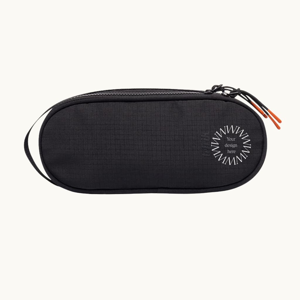 Oval Eco Pencil Case in black, closed, showing logo placement.