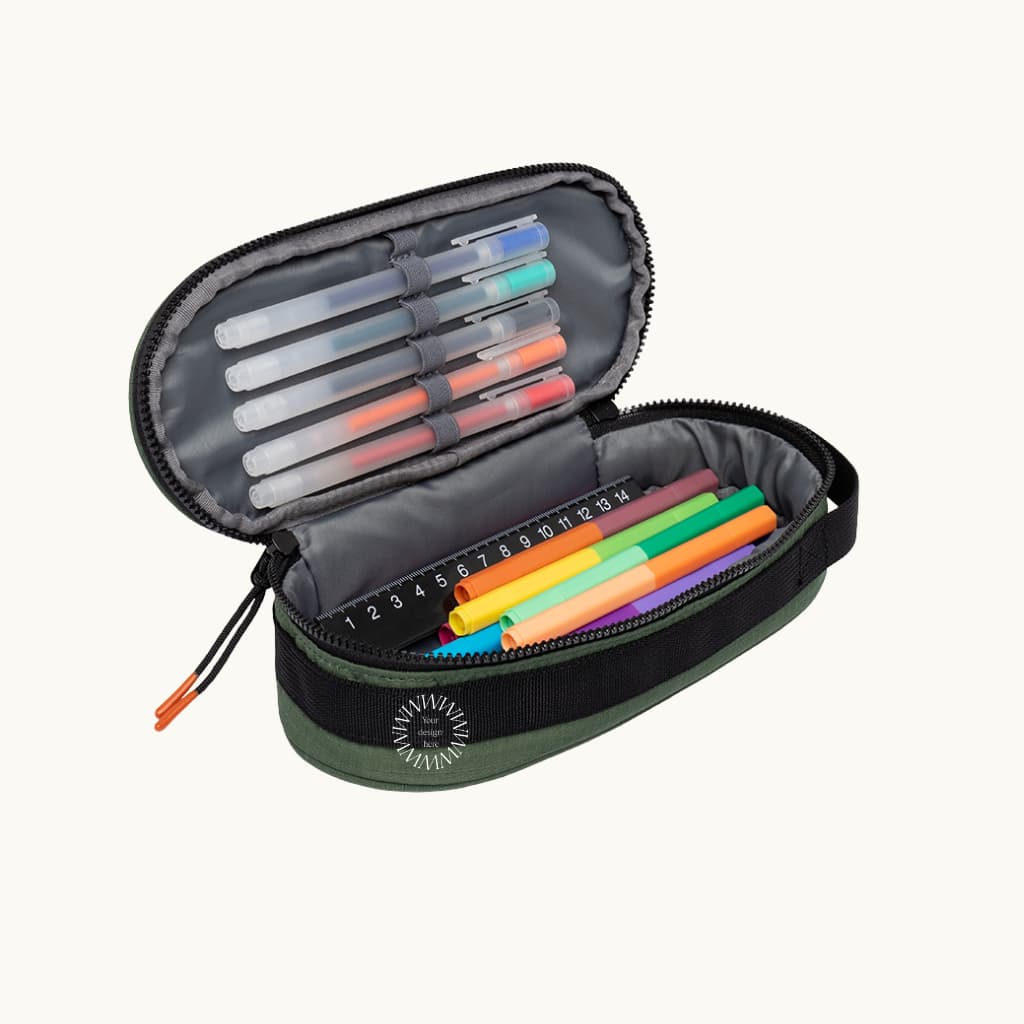 Oval Eco Pencil Case in green, open with pencils, showing logo placement